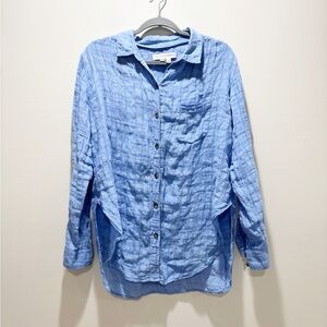 Anthropologie PILCRO Light Blue Button-Down Linen Blend Shirt Gauzy Plaid Sz 8